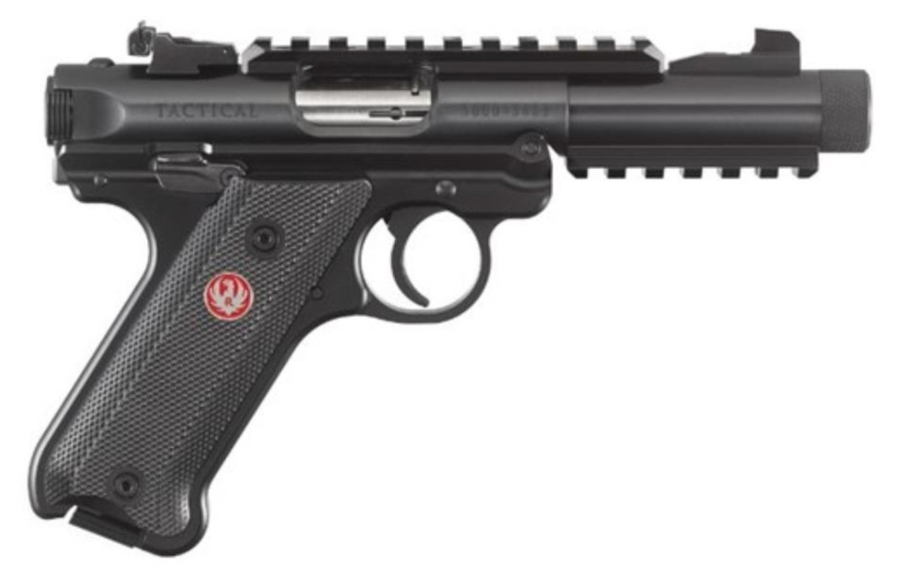 Ruger Mark IV Tactical .22 LR 4.4 Inch Threaded Barrel Adjustable Rear Sight Top/Bottom Picatinny Rail Checkered Natural Angle Grip 10 Round Ruger Mark IV Tactical .22 LR 4.4 Inch Threaded Barrel Adjustable Rear Sight Top/Bottom Picatinny Rail Checkered Natural Angle Grip 10 Round