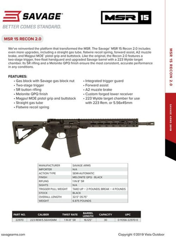 Savage MSR15 Recon 2.0 AR-15 223/5.56 16" Barrel, 6-Position Stock, Black, 30rd Mag
