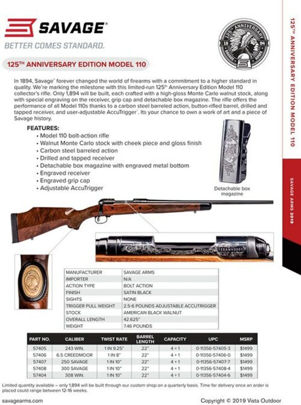Savage 10/110 125th Ann 300 Savage, 22" Barrel, American Black Walnut Stock, Black Satin, 4rd