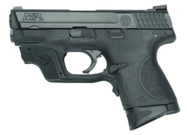 Smith & Wesson, M&P, Compact Frame, Striker Fired, 9mm, 3.5" Barrel, Polymer Frame, Black, No Thumb Safety, 12Rd, 2 Mags, Fixed Sights, Crimson Trace Laser Guard- Green