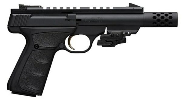 Browning, Buck Mark Black Label, Semi-automatic, 22 LR, 4.4" Barrel, Threaded, Compensator, Aluminum Frame, Black Color, Matte Finish, UFX Grip, Thumb Safety, Blade Front/Adjustable Rear Sights, 10Rd, 2 Magazines, Includes Crimson Trace Laser