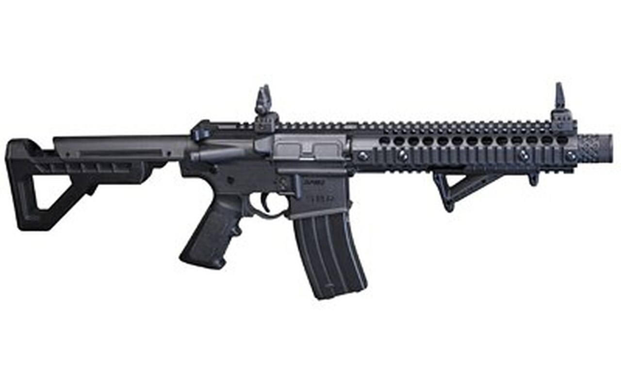 Crosman DPMS SBR 4.5mm BB, Semi/Full Auto, Flip Up Sights, Angled Foregrip, Dropout Mag, Black, 25rd