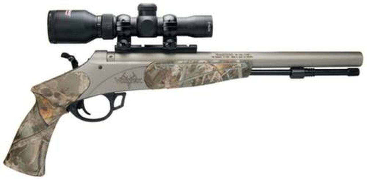 Traditions Black Powder Vortek Black Powder Pistol .50 Caliber 13" Tapered Barrel CeraKote Finish 1-4x24 Mounted Scope Steel SightsReaper Buck Camo Composite Stock