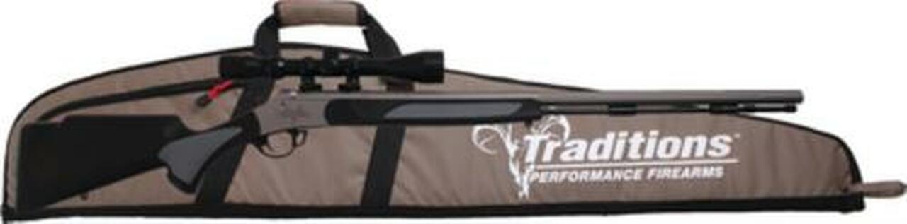 Traditions Black Powder Vortek Ultralight Scoped Gun/Case Package .50 Caliber 28" Tapered Lightweight Fluted Barrel 3-9x40mm Duplex Rangefinding Scope Black Hogue Overmold Stock