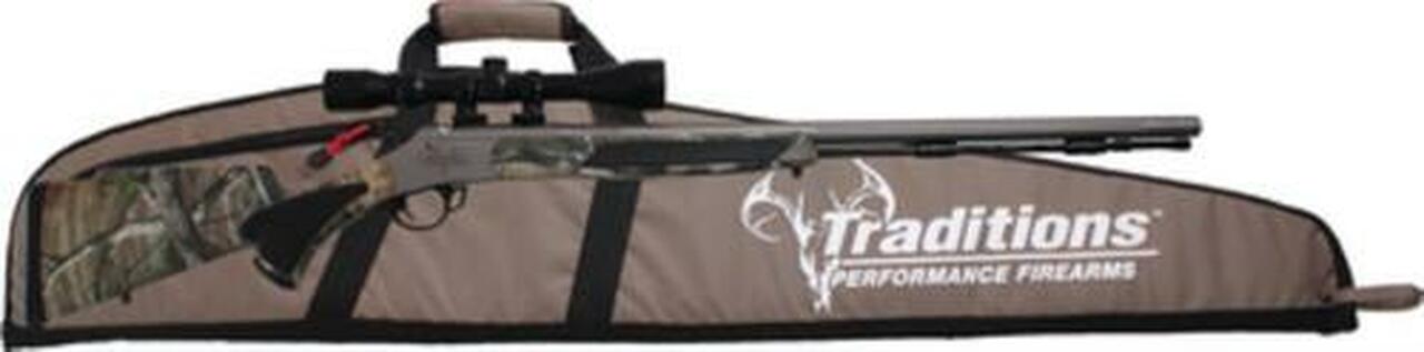 Traditions Black Powder Vortek Ultralight Scoped Gun/Case Package .50 Caliber 28" Tapered Lightweight Fluted Barrel 3-9x40mm Duplex Rangefinding Scope Realtree AP Hogue Overmold Soft Touch Stock