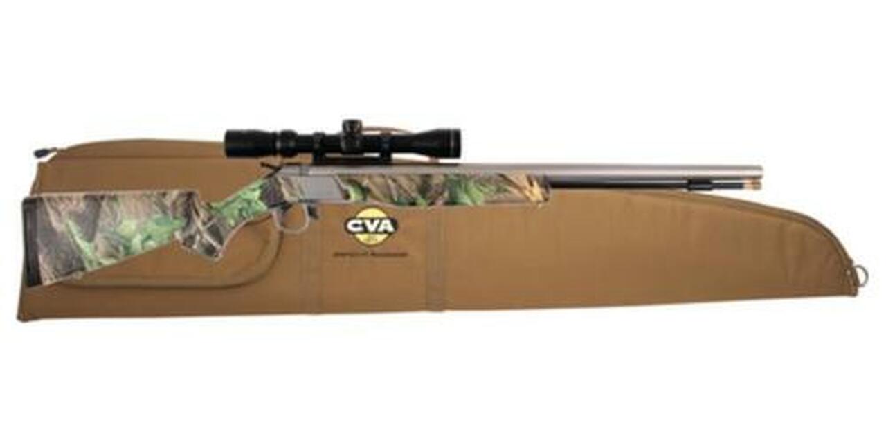 CVA Wolf 209 Muzzleloader .50 Caliber 24" Stainless Steel Barrel Ambidextrous Composite Stock Realtree Hardwoods Green Finish With KonusShot 3-9x32mm Scope and Padded Soft Case