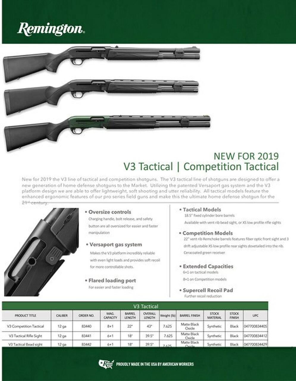 Remington V3 Tactical 12 Ga 3" Chamber, 18.5" Barrel, Black, Synthetic Stock, 6 Remington Chokes Included, Rifle Sights, Oversized Safety, Bolt Release and Bolt Handle, 6Rd