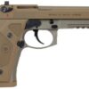 Beretta M9A3, Semi-Automatic Pistol, Full Size, 9mm, 4.9" Threaded Barrel, Alloy Frame, Flat Dark Earth Finish, Vertec-Style Thin Grip, 3-Slot Picatinny Rail, Decocker, Tritium Night Sights, 2 Magazines, 17 Rounds