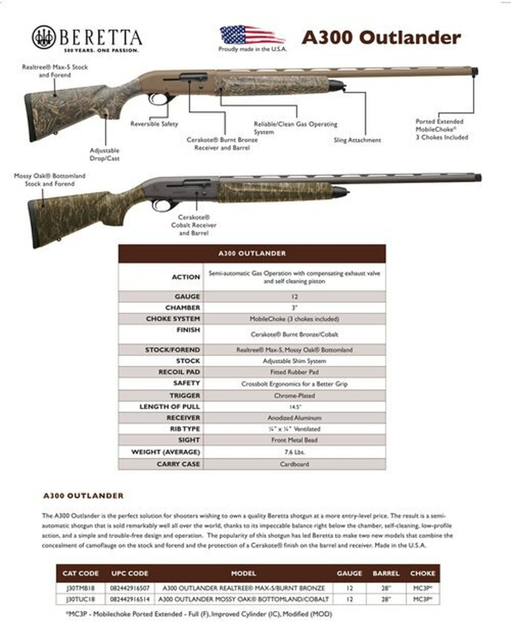 Beretta A300 Outlander 12 Ga, 28" Barrel, MOBL/CBL