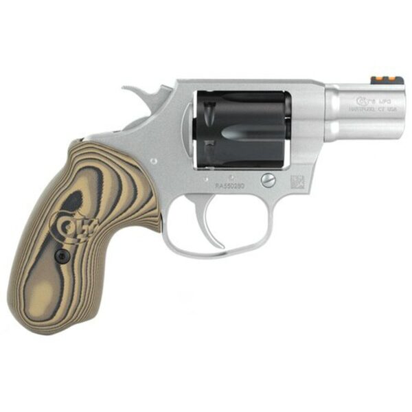 Colt Cobra 38 Special, 2" Barrel, SS, Black DLC Cylinder, Fiber Optic Sights, VZ Hyena Brown Grips, 6rd