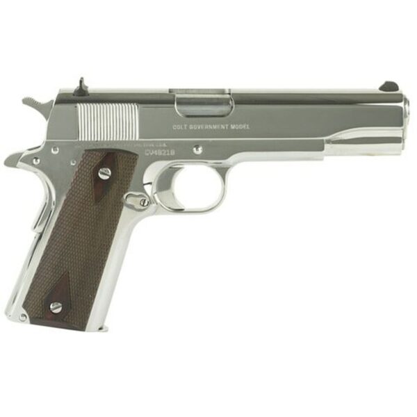 Colt Government 1911, 45 ACP, 5" Barrel, Steel Frame, Bright Stainless Finish, 7Rd Mag, White Dot Sights