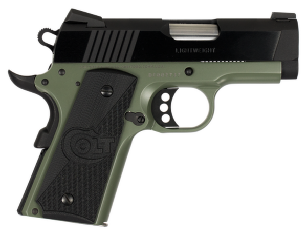 Colt 1911 Defender 45 ACP 3" Barrel, Black Cherry G10 Grip Green Aluminum Alloy Frame 7rd Mag