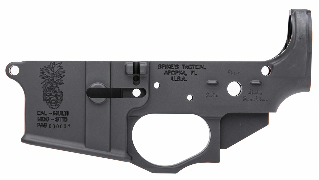 Spikes Pineapple Grenade Stripped Lower, Multi-Cal, Black Hardcoat Anodized
