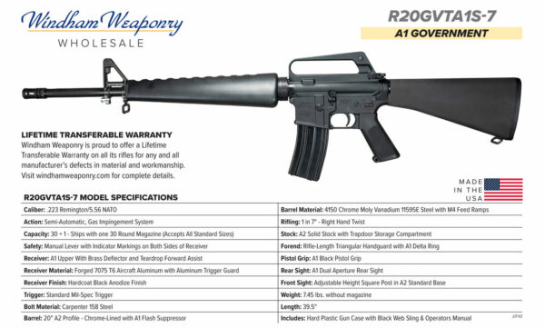 Windham Weaponry Govt AR-15 223/5.56, 20" A2 Govt Profile Barrel, 1:7 Twist, A2 Stock, Detach Carry Handle, 30rd