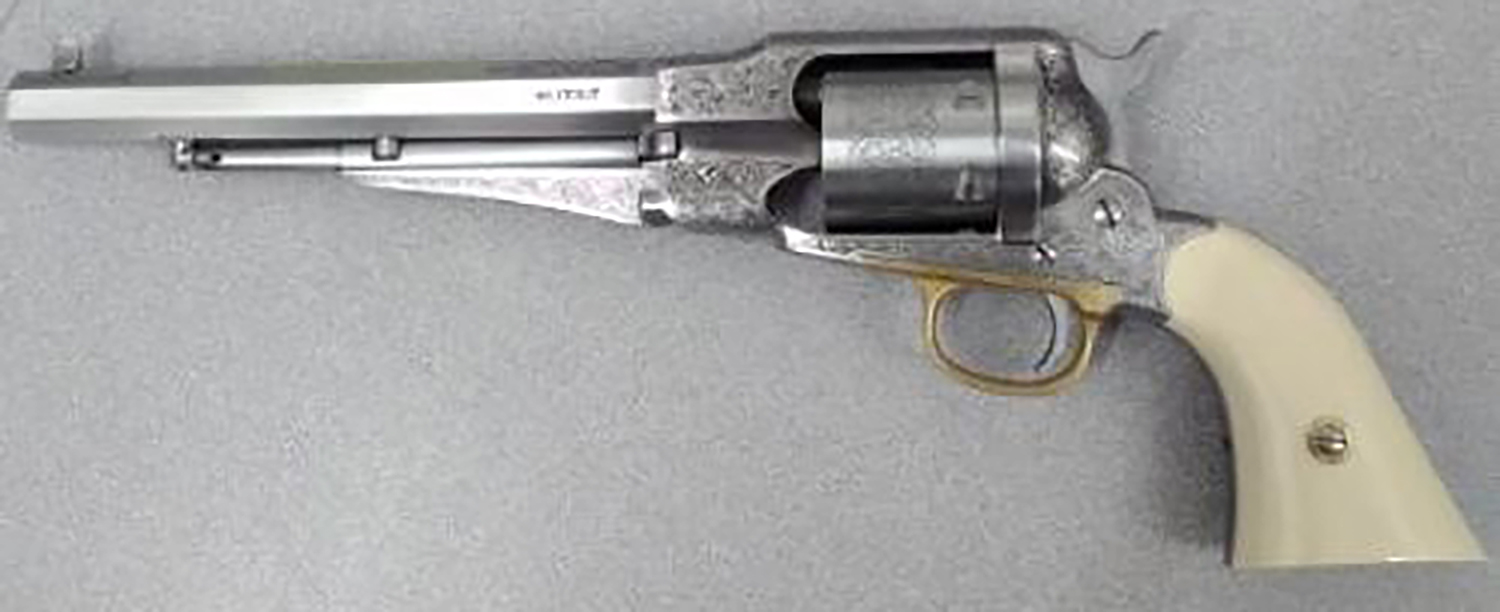 Taylors & Company 550763 1858 Remington Conversion 45 Colt (LC) Caliber with 8″ Barrel, 6rd Capacity Cylinder, Overall Nickel-Plated Engraved Finish Steel & 2-Piece Ivory Grip - revolvers | The Gun Shop