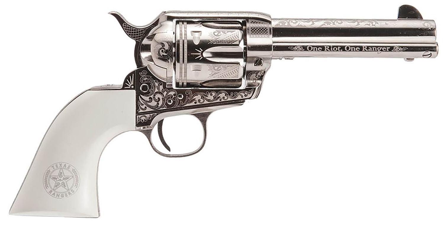 Cimarron PP410LNTXR Frontier Texas Ranger 45 Colt (LC) 6 Shot, 4.75″ Engraved Nickel-Plated Steel Barrel, Cylinder & Frame, Engraved “One Riot, One Ranger” Ejector Rod, White Polymer Grip - revolvers | The Gun Shop