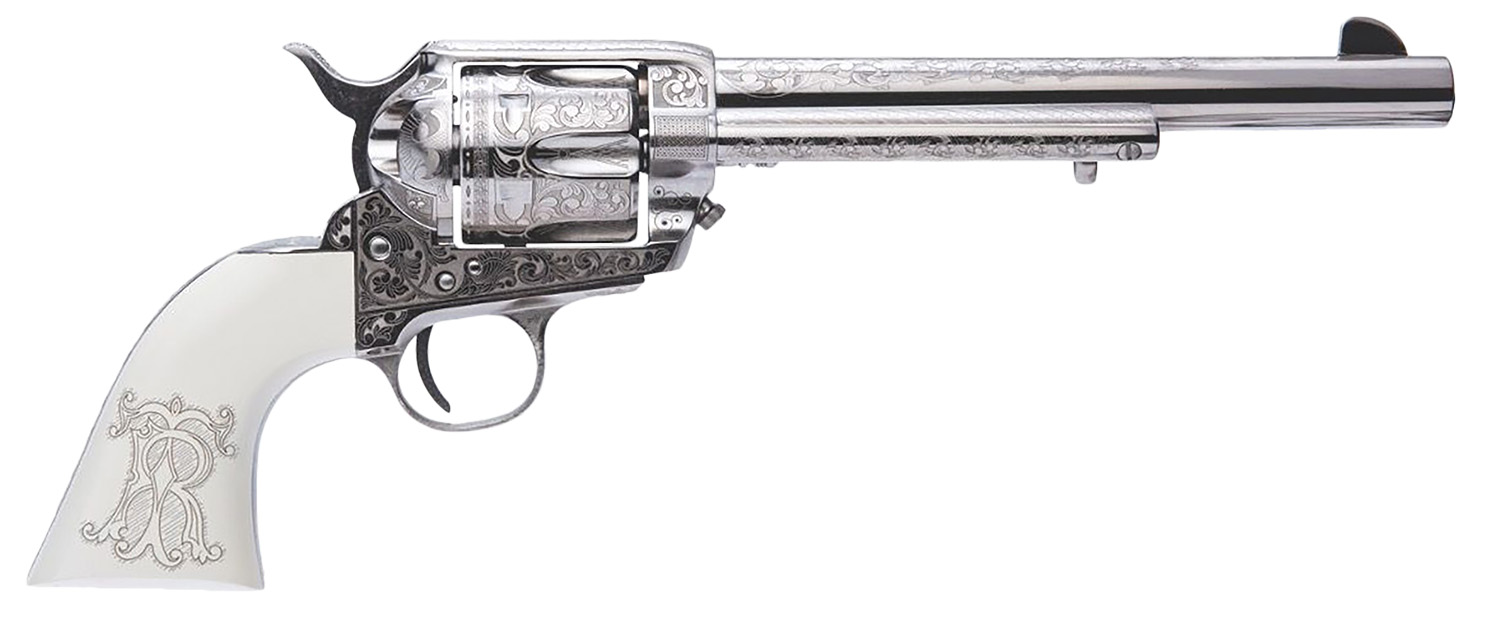 Cimarron PP415LNTRII Teddy Roosevelt Frontier 45 Colt (LC) 6 Shot 7.50″ Nickel-Plated Engraved Barrel, Cylinder & Frame, White w/Laser Engraved “T.R.” Grip - revolvers | The Gun Shop
