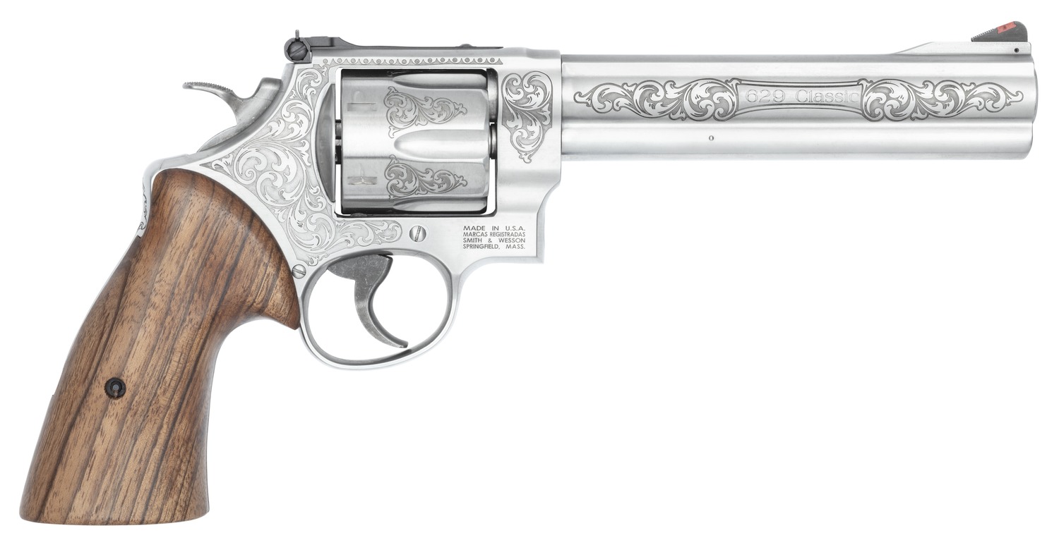Smith & Wesson 14784 Model 629 N-Frame Large 44 S&W Spl/44 Rem Mag 6 Shot 6.50″ Stainless Steel Engraved Barrel, Cylinder & Frame, Tyler Gun Works Bear Hugger Walnut Grip, Exposed Hammer - revolvers | The Gun Shop