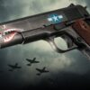 Auto Ordnance Squadron Special Edition WW2 1911 45 ACP, 5" Barrel, Black/Gray Cerakote, Wood Grips, US Logo, Adj Rear Sight, Custom Engraved to Resemble a WW2 Fighter Plane, 7rd