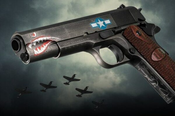Auto Ordnance Squadron Special Edition WW2 1911 45 ACP, 5" Barrel, Black/Gray Cerakote, Wood Grips, US Logo, Adj Rear Sight, Custom Engraved to Resemble a WW2 Fighter Plane, 7rd
