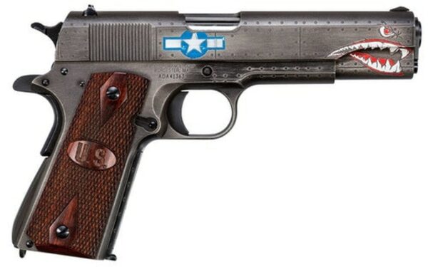 Auto Ordnance Squadron Special Edition WW2 1911 45 ACP, 5" Barrel, Black/Gray Cerakote, Wood Grips, US Logo, Adj Rear Sight, Custom Engraved to Resemble a WW2 Fighter Plane, 7rd