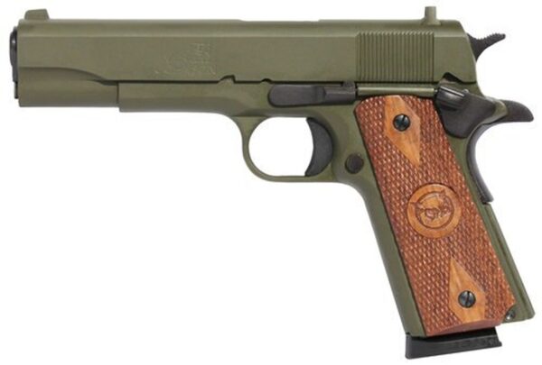 Iver Johnson 1911 A1, 45 ACP, 5", 8rd, Walnut Grips, OD Green