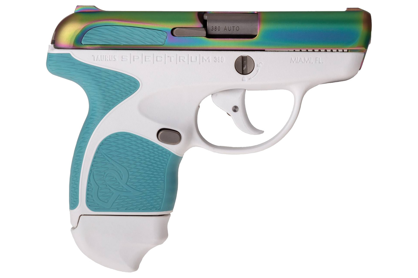 Spectrum .380 Auto White Pistol with Blue Grips and Prizm Slide - Firearms | The Gun Shop
