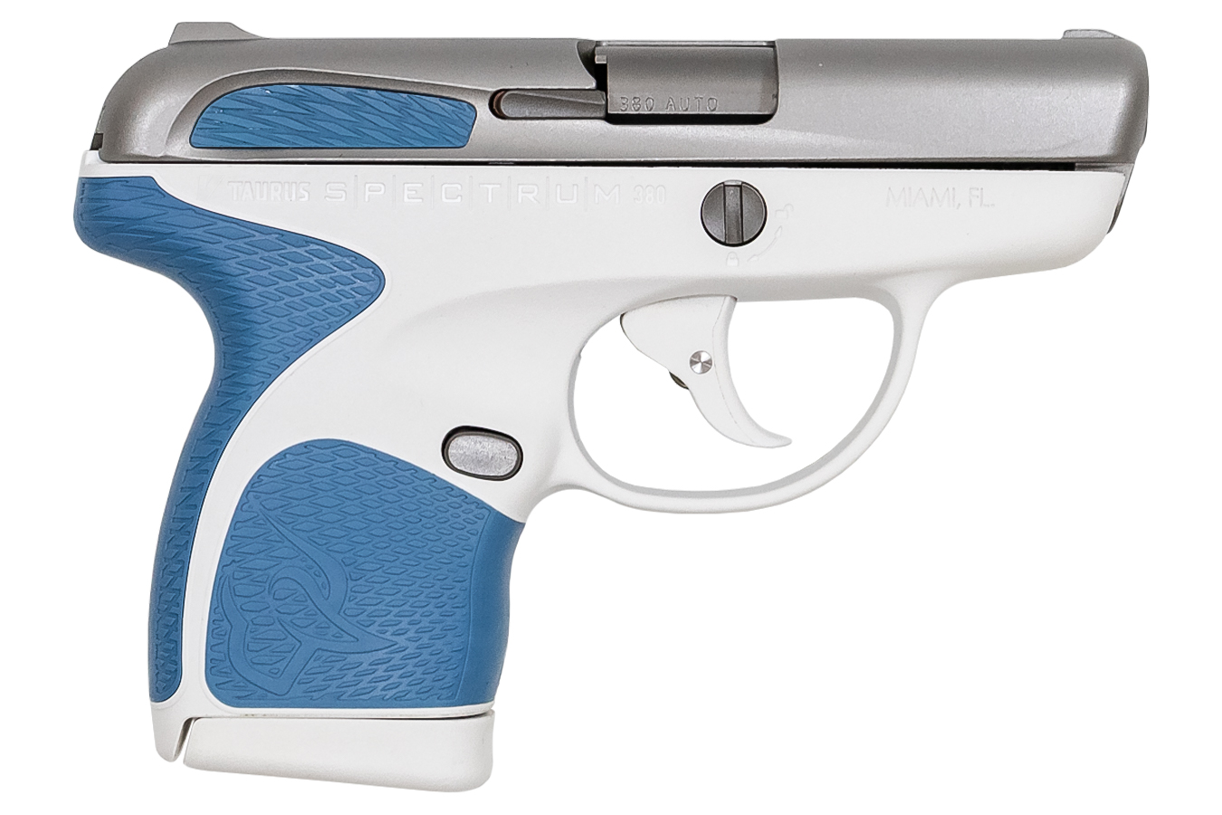 Spectrum .380 Auto White/Stainless Pistol with Blue Grips