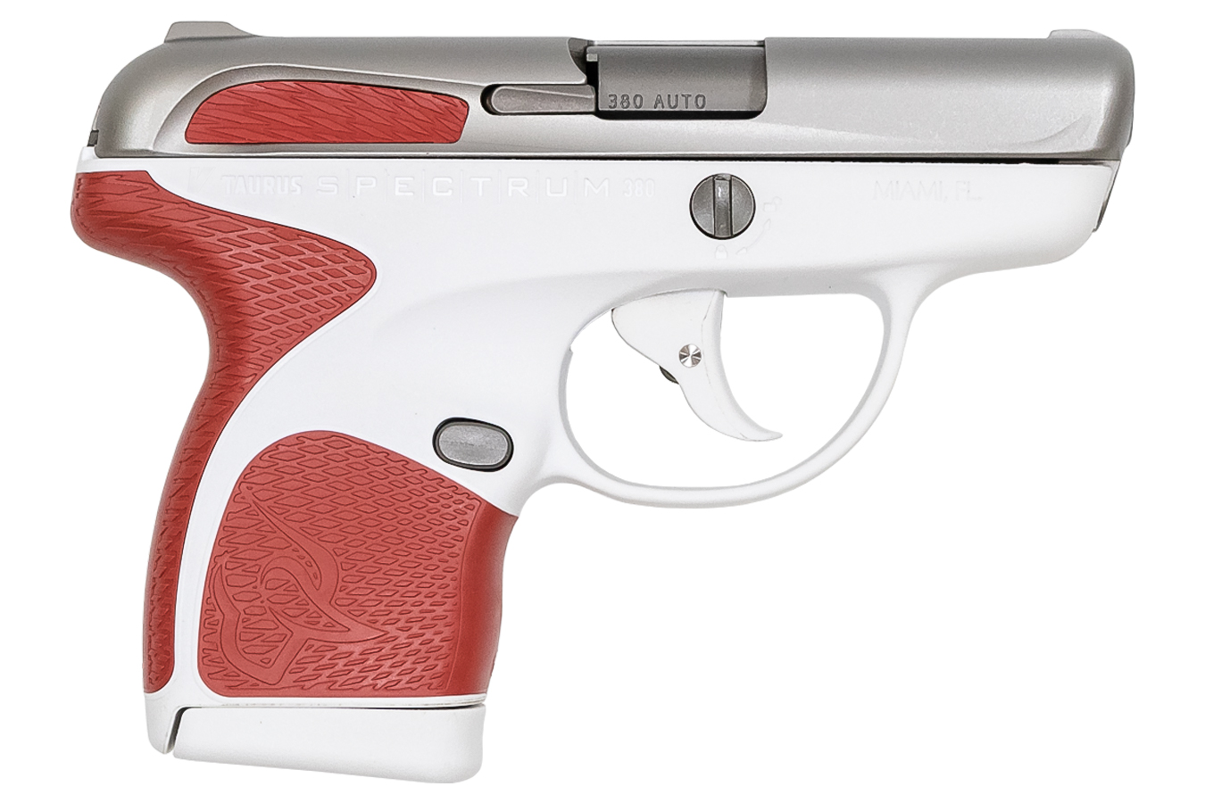 Spectrum .380 Auto White/Stainless Pistol with Red Grips - Firearms | The Gun Shop