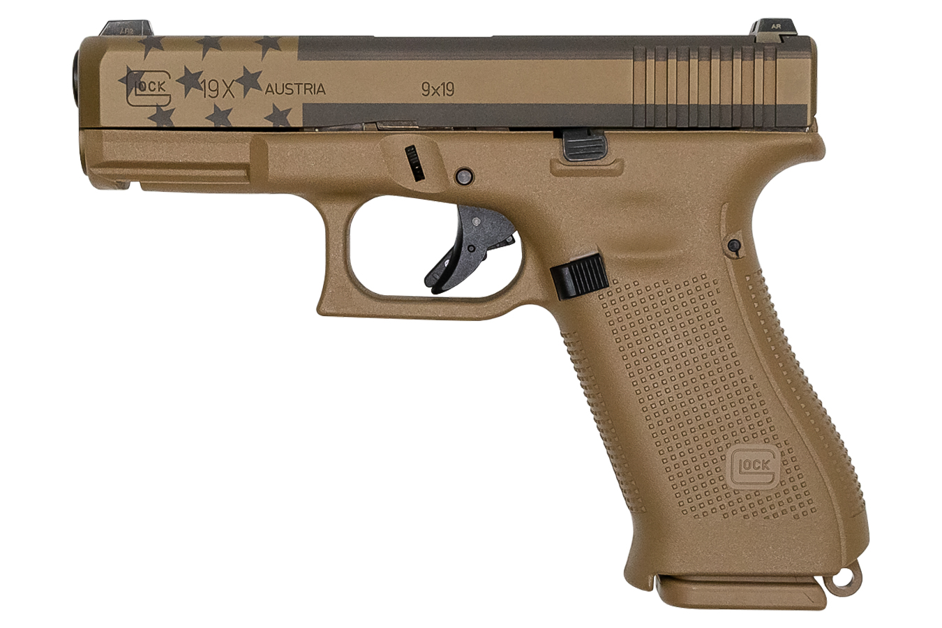 19x 9mm Full-Size FDE 17-Round Pistol with USA Flag Laser Etched Slide - Firearms | The Gun Shop