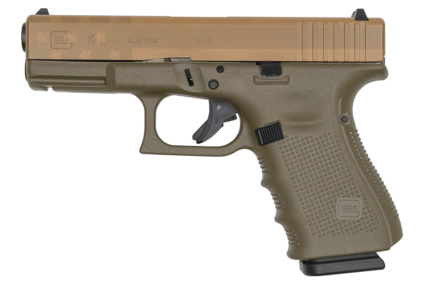 19 Gen4 9mm 15-Round Pistol with OD Green Frame and Tan American Flag Slide - Firearms | The Gun Shop