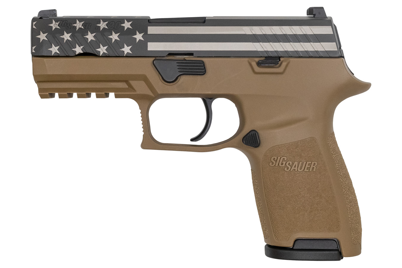 P320 Compact 9mm with Laser Etched American Flag Slide and Coyote Tan Frame - Firearms | The Gun Shop