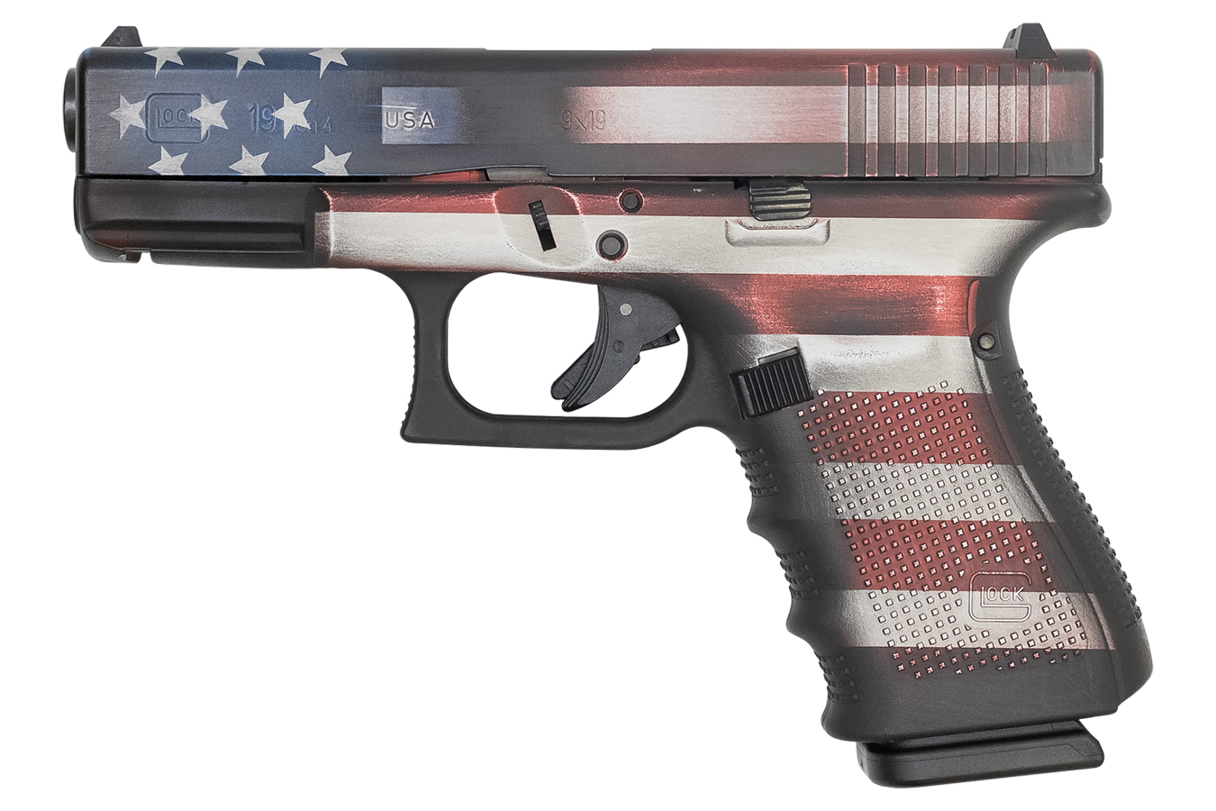 19 Gen4 9mm 15-Round Pistol with American Flag Battleworn Cerakote Finish (Made - Firearms | The Gun Shop