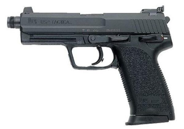HK USP Tactical, V1, DA/SA, Full Size, 45ACP, 5.09" Threaded Barrel, Polymer Frame, Black, 3 Dot Sights, Safety/Decocker, 12Rd, 2 Magazines