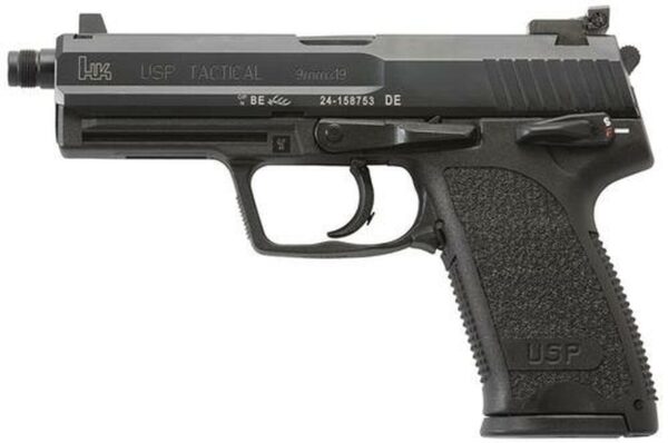 HK, USP Tactical, Semi-automatic, DA/SA, 9mm, 4.86" Threaded Barrel, Polymer Frame, Black, Safety/Decocker, Adjustable Sights, 15Rd, 2 Magazines