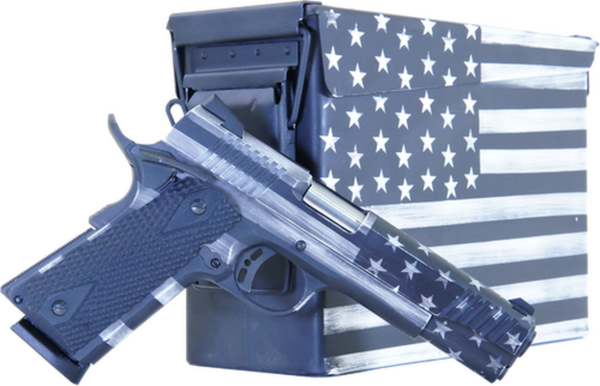 Citadel M-1911 with Ammo Can 45 ACP, 5" Barrel, Black G10 Grip American Flag, Battleworn Gray Cerakote Slide, 8rd