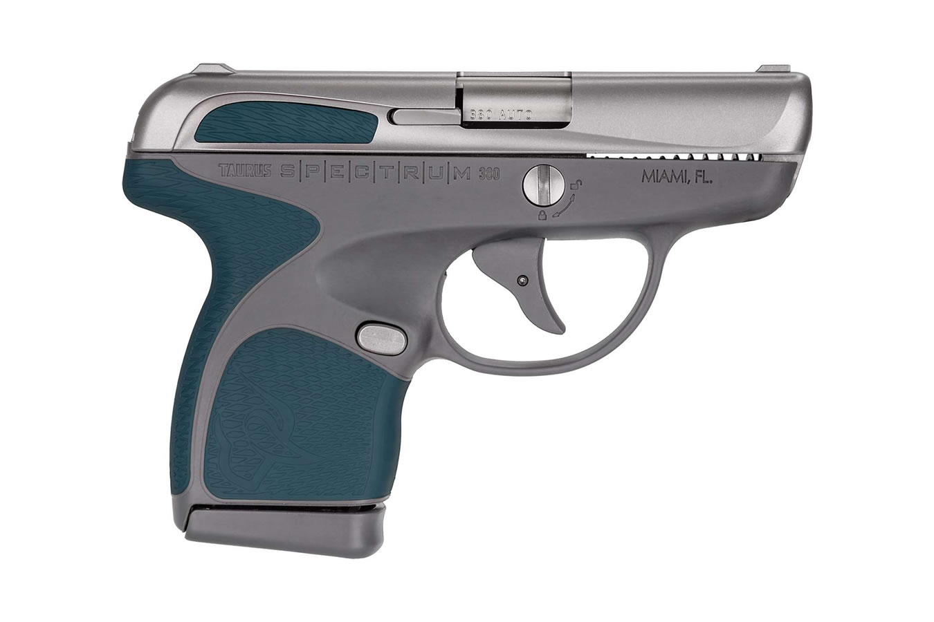 Spectrum 380 Auto Stainless Silver/Gray with Indigo Blue Grips - Firearms | The Gun Shop