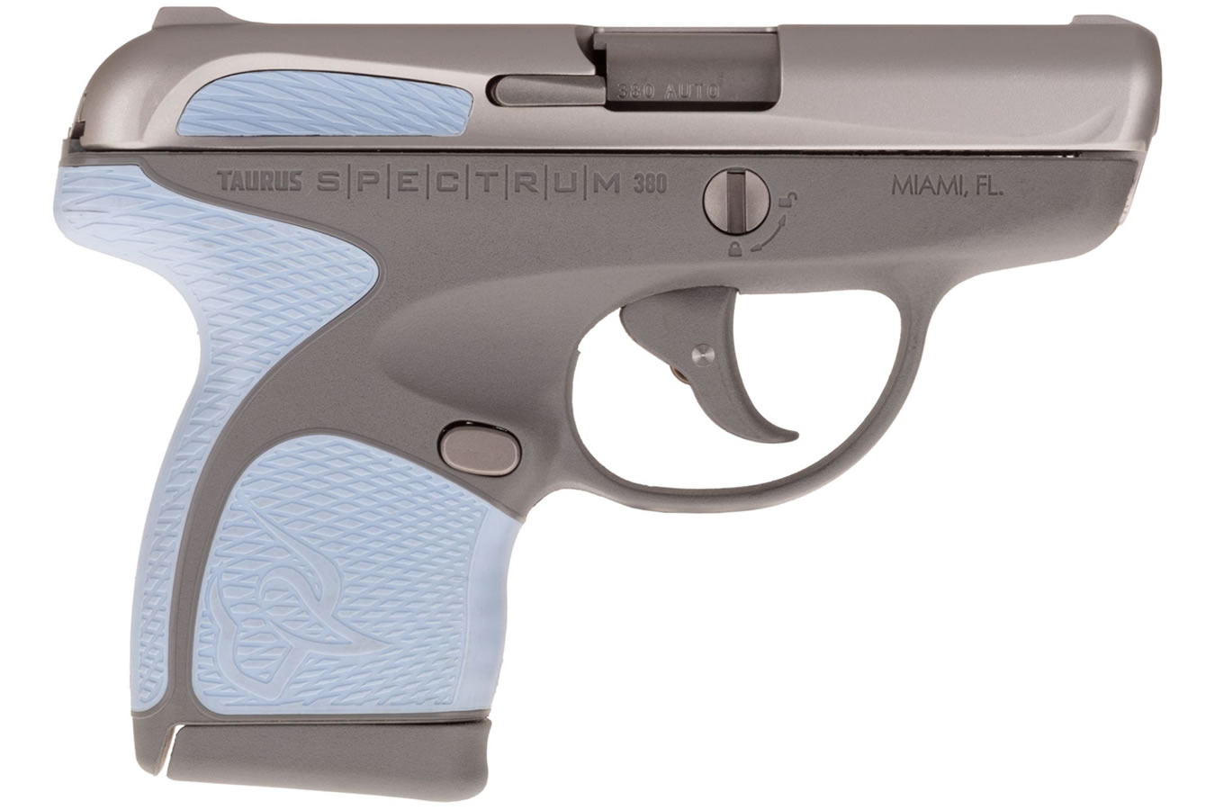 Spectrum 380 Auto Stainless Steel Slide/Gray Frame with Serenity Blue Grips