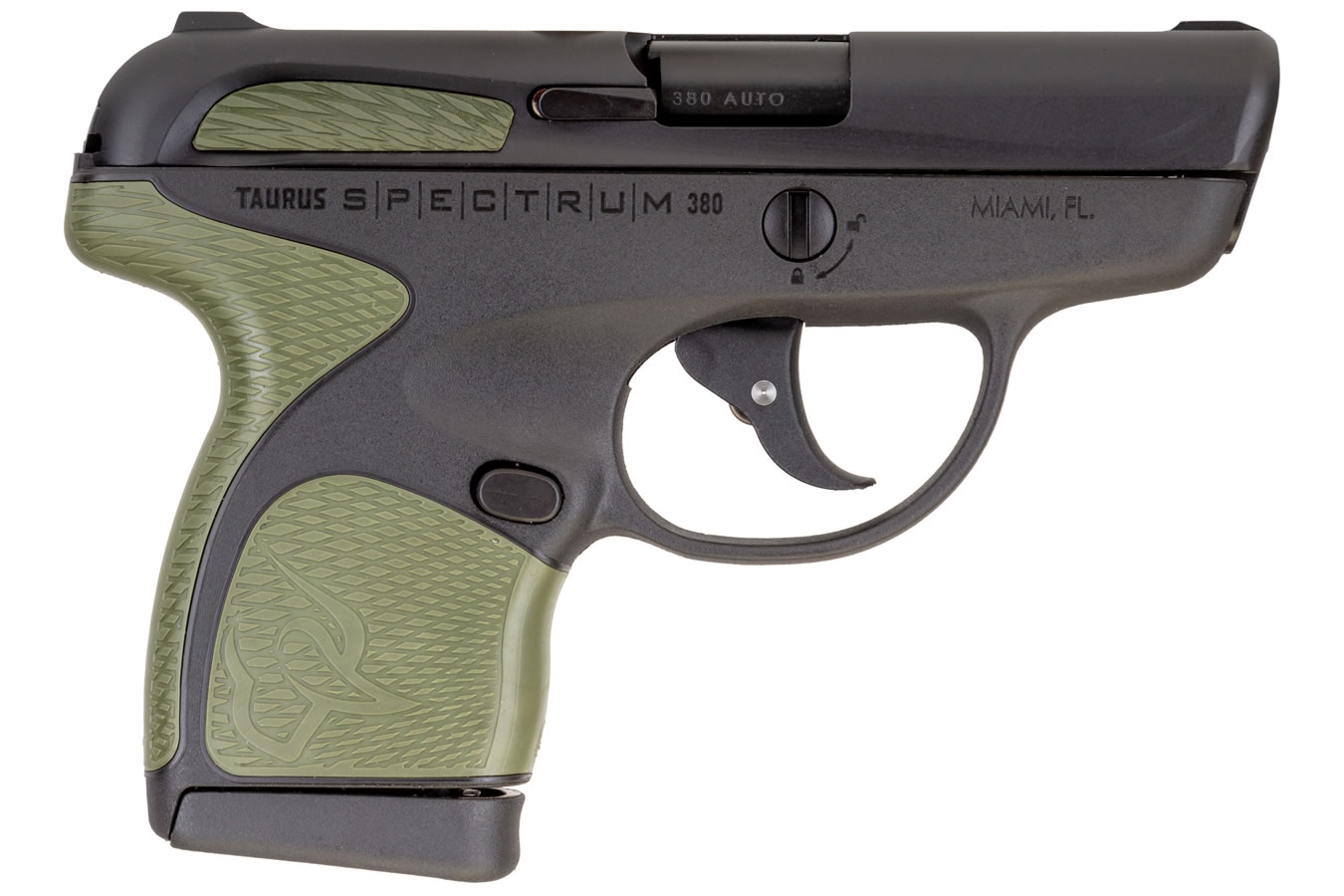 Spectrum .380 Auto Black Pistol with Army Green Grips - Firearms | The Gun Shop
