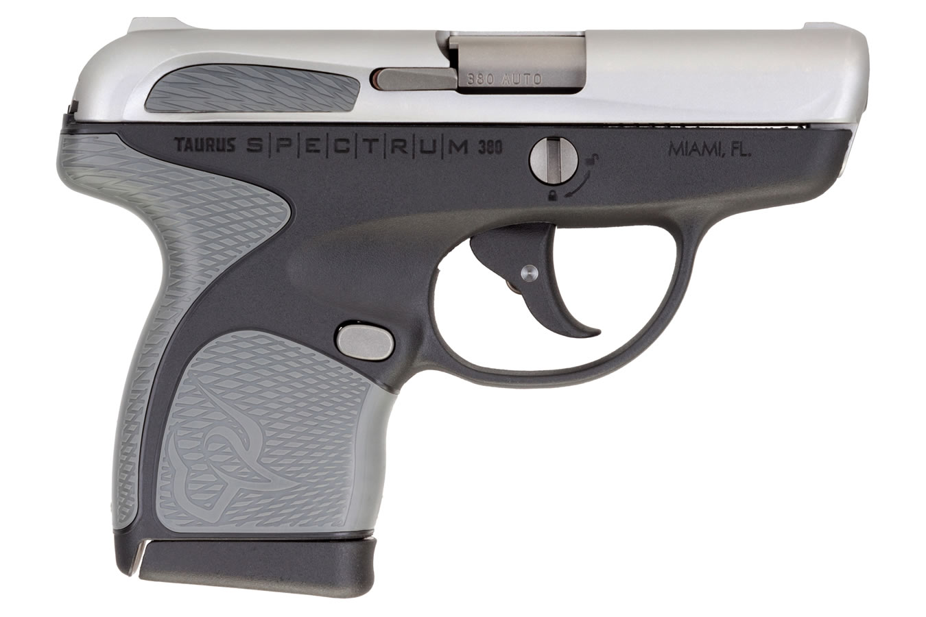 Spectrum .380 Auto Black Pistol with Stainless Slide and Gray Grips