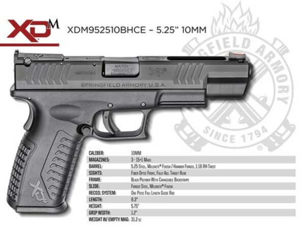Springfield XDM 10MM, 5.25" Barrel, Fiber Optic Front and Adjustable Rear Sights, 3x15rd Mags