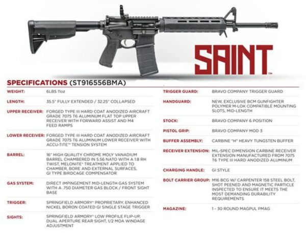 Springfield Saint AR-15 Carbine 5.56/223 16" Barrel, BCM Grip and Stock, Flip Rear, M-LOK, 30rd