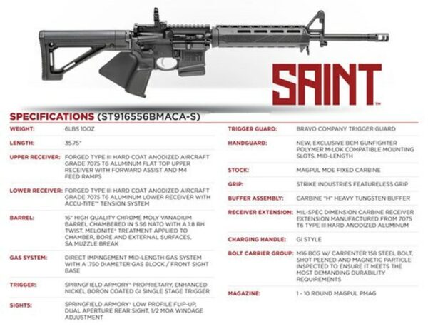 Springfield Saint 5.56mm, 16" Barrel, M-LOK, Flip Rear Site, CA Legal, 10rd