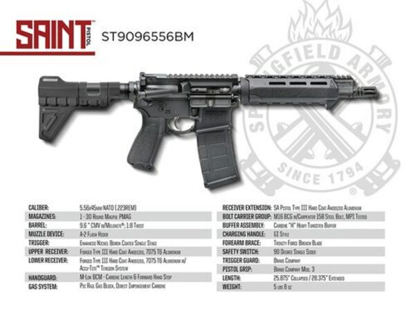 Springfield Saint Pistol 5.56/.223, 9.6" Barrel, M-LOK, Blade Brace, Black, 30rd