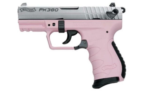 Walther, PK380 Double Action, Compact, 380ACP, 3.6" Barrel Nickel Slide Pink Grip, 8Rd Mag
