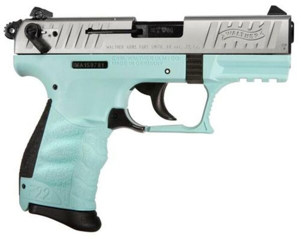 Walther P22, 22LR, 3.4", 10rd, Angel Blue Frame, Nickel Slide