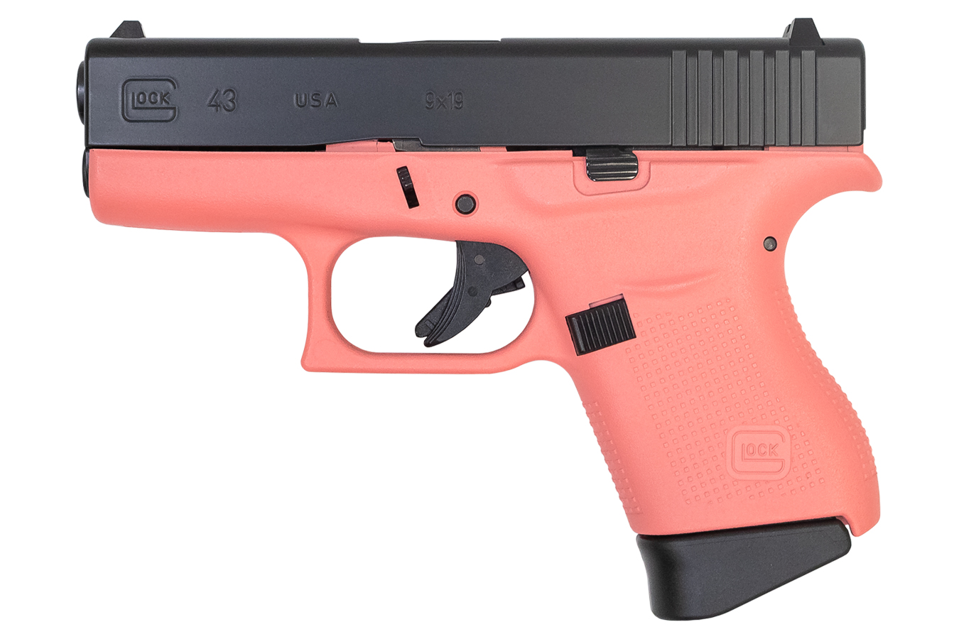43 9mm Single Stack Pistol with Coral Cerakote Frame and Elite Black Cerakote Sl - Firearms | The Gun Shop