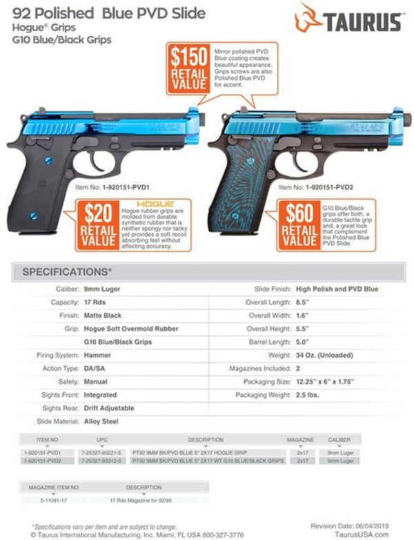 Taurus 92 9mm, Blued PVD Hogue, Matte Black, 17rd