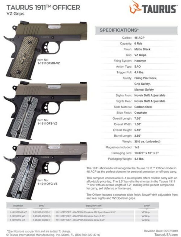 Taurus 1911 Officer 45 ACP, 3.5" Barrel, Black, Gray Cerekote Slide, 6rd