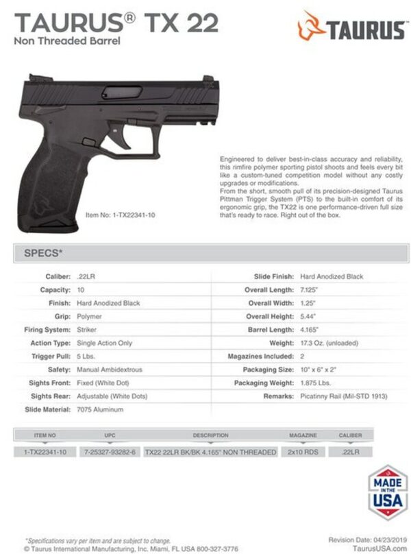 Taurus, TX22 Semi-automatic Pistol, 22 LR, 4" Barrel, Black Polymer Frame, Adjustable Sights, Manual Safety, 10Rd, 2 Magazines